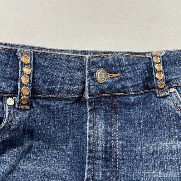 Crest Jean Mini Skirt Size 7/8 Denim Dark Blue Stud Crystal Blink Distressed Hip - Picture 6 of 10